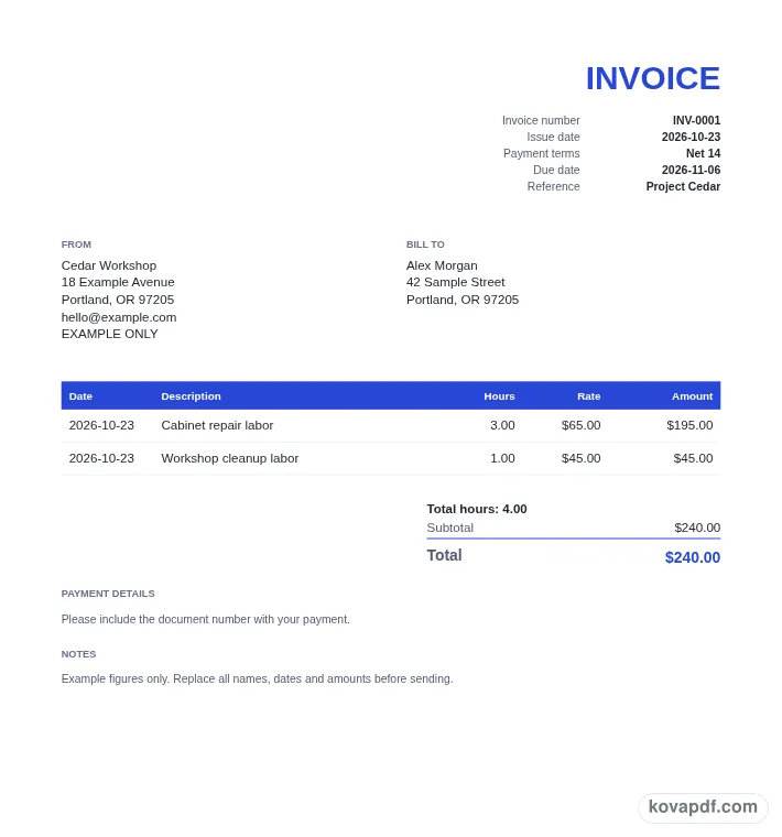Read the filled document: hourly invoice generator with sample details