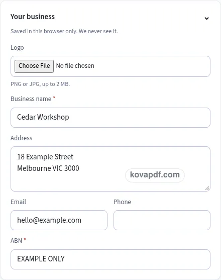 Add your own details: invoice generator/australia with sample details