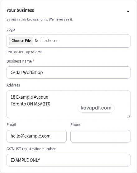 Add your own details: invoice generator/canada with sample details