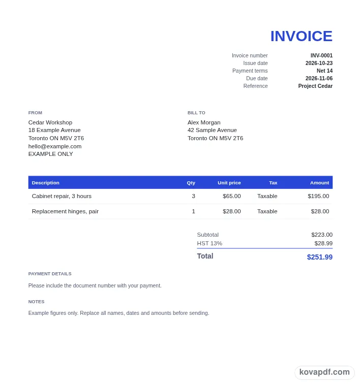 Read the filled document: invoice generator/canada with sample details