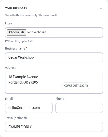 Add your own details: invoice generator with sample details
