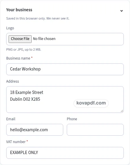 Add your own details: invoice generator/ireland with sample details