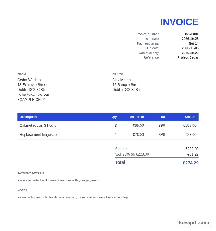 Read the filled document: invoice generator/ireland with sample details
