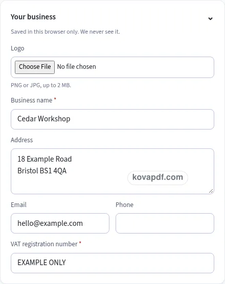 Add your own details: invoice generator/uk with sample details