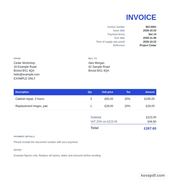 Read the filled document: invoice generator/uk with sample details