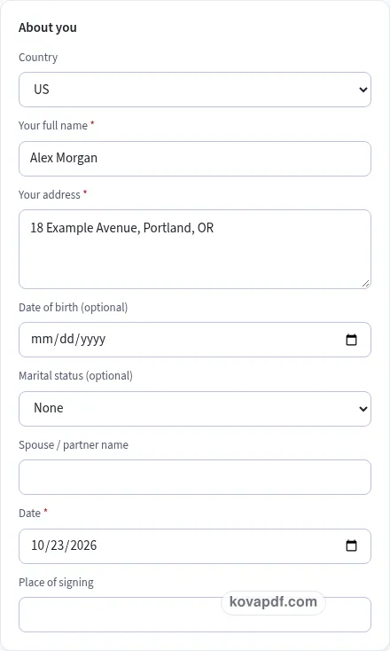 Add your own details: last will and testament generator with sample details