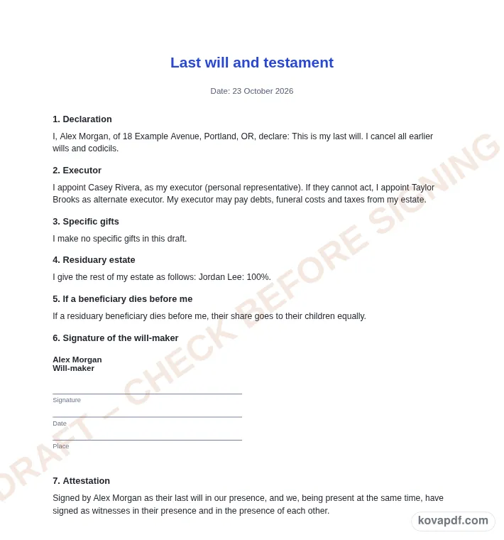 Read the filled document: last will and testament generator with sample details
