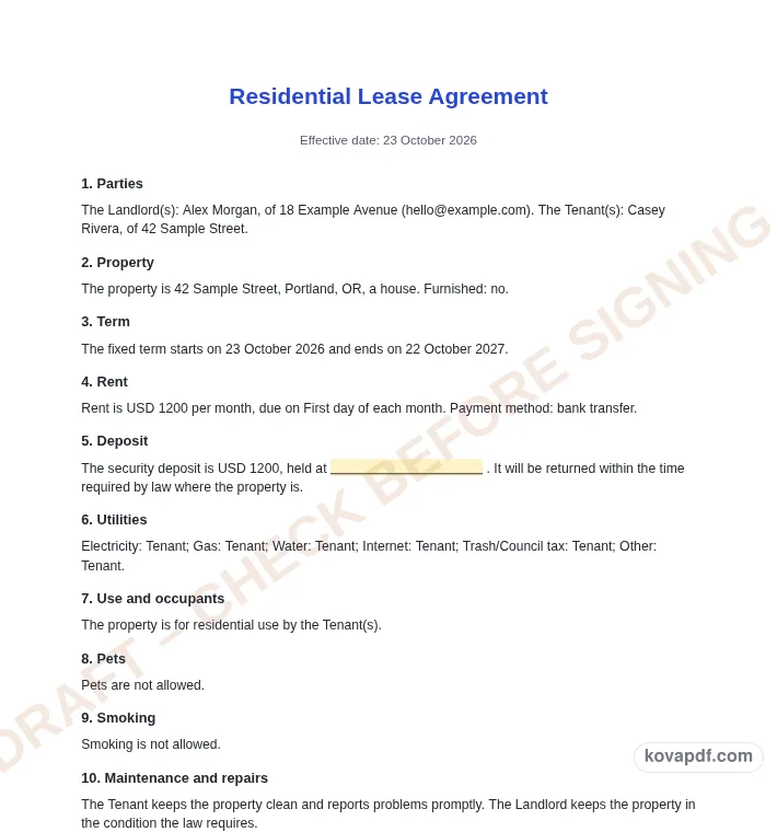 Read the filled document: lease agreement generator with sample details