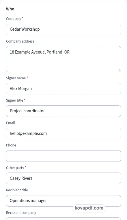Add your own details: letter of intent generator with sample details
