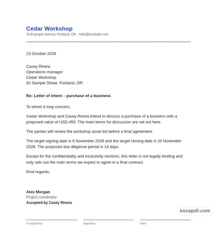 Read the filled document: letter of intent generator with sample details