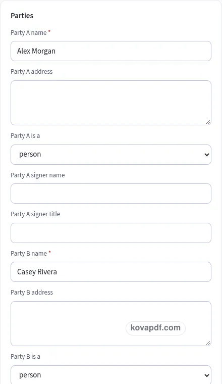 Add your own details: nda generator with sample details
