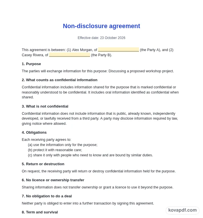 Read the filled document: nda generator with sample details