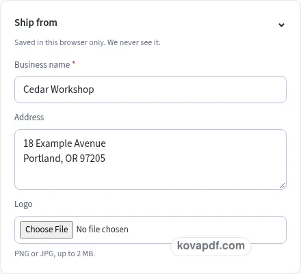Add your own details: packing slip generator with sample details
