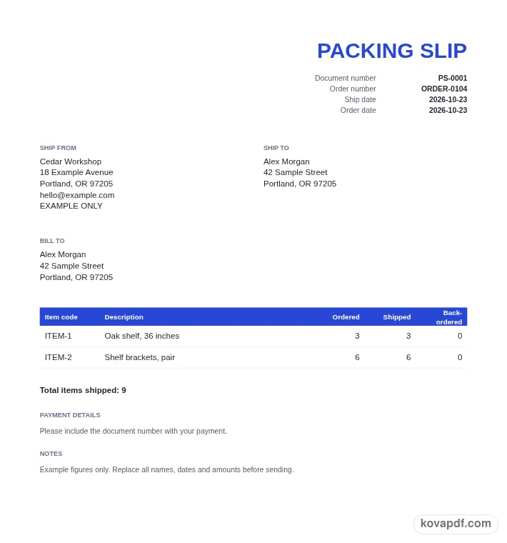Read the filled document: packing slip generator with sample details