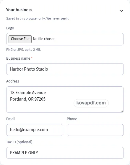Add your own details: photography invoice template with sample details