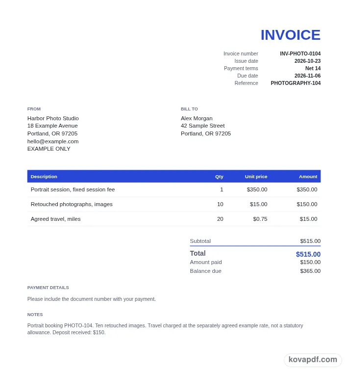 Read the filled document: photography invoice template with sample details