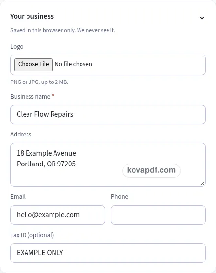 Add your own details: plumbing invoice template with sample details