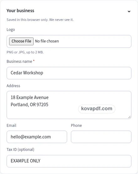 Add your own details: proforma invoice generator with sample details