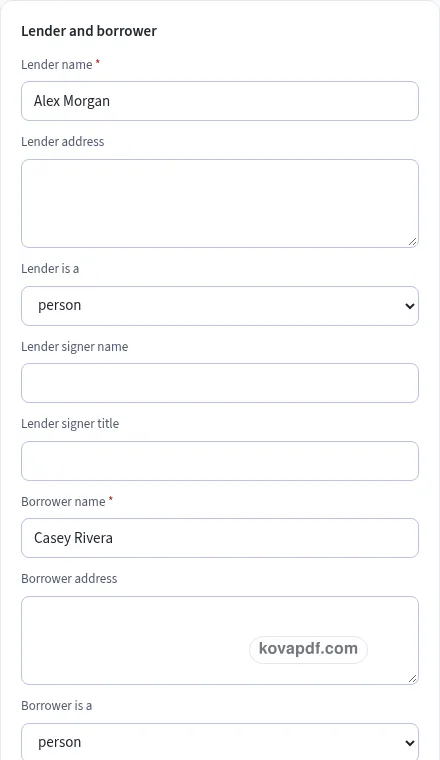 Add your own details: promissory note generator with sample details