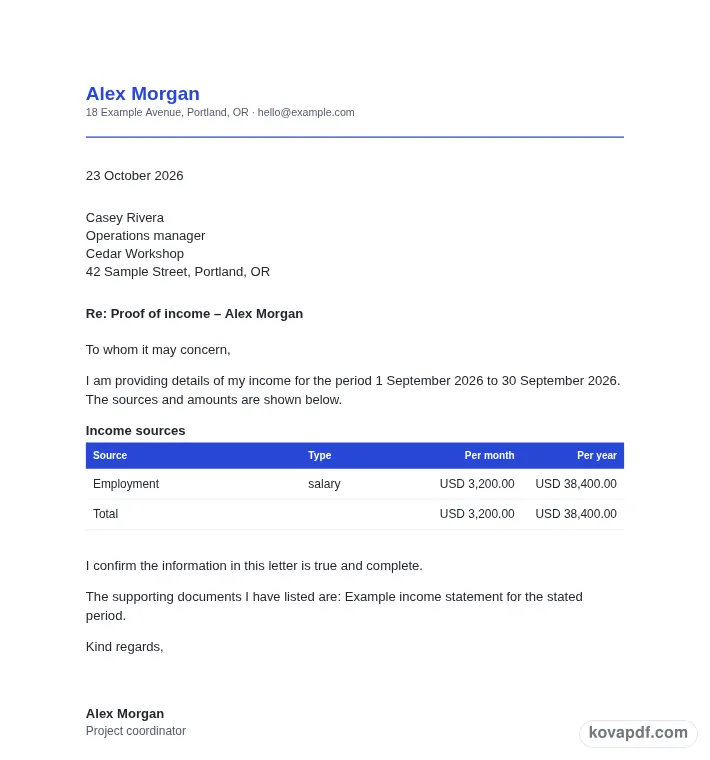 Read the filled document: proof of income letter generator with sample details