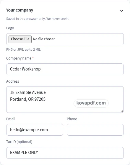 Add your own details: purchase order generator with sample details