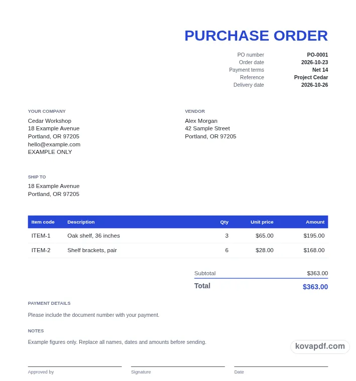 Read the filled document: purchase order generator with sample details