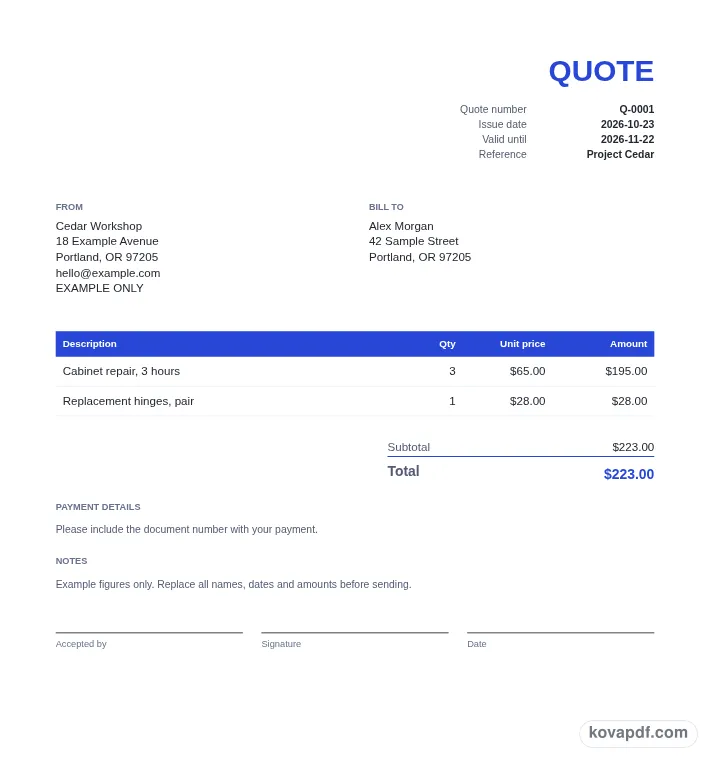 Read the filled document: quote generator with sample details