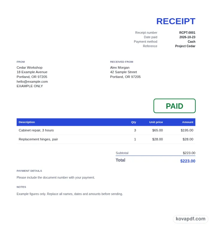 Read the filled document: receipt generator with sample details