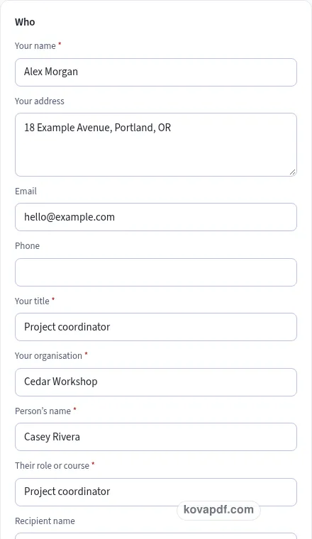 Add your own details: recommendation letter generator with sample details
