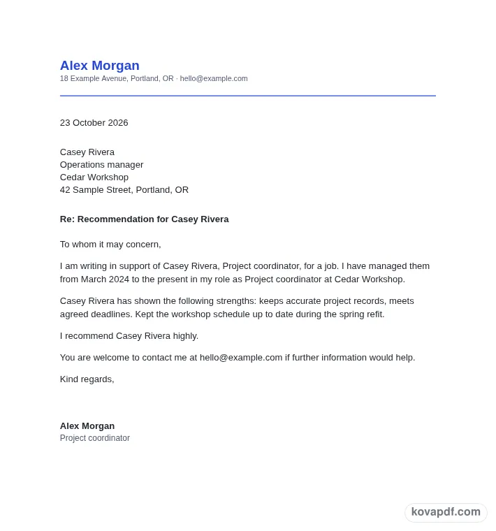 Read the filled document: recommendation letter generator with sample details