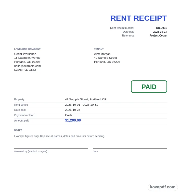 Read the filled document: rent receipt generator with sample details