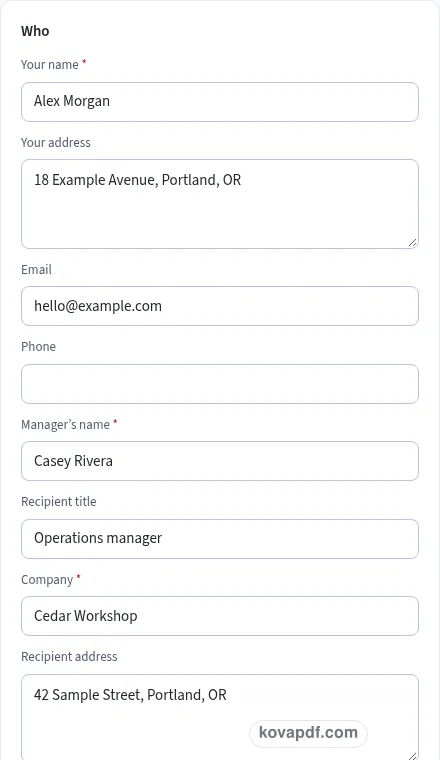 Add your own details: resignation letter generator with sample details