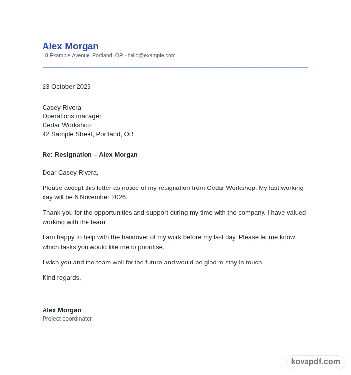 Read the filled document: resignation letter generator with sample details