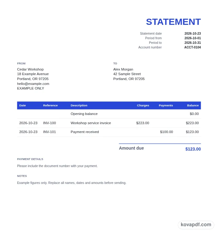 Read the filled document: statement of account generator with sample details