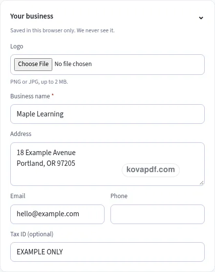 Add your own details: tutoring invoice template with sample details