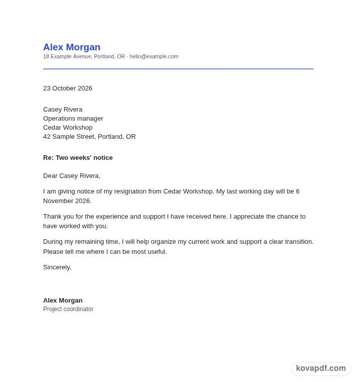 Read the filled document: two weeks notice letter generator with sample details