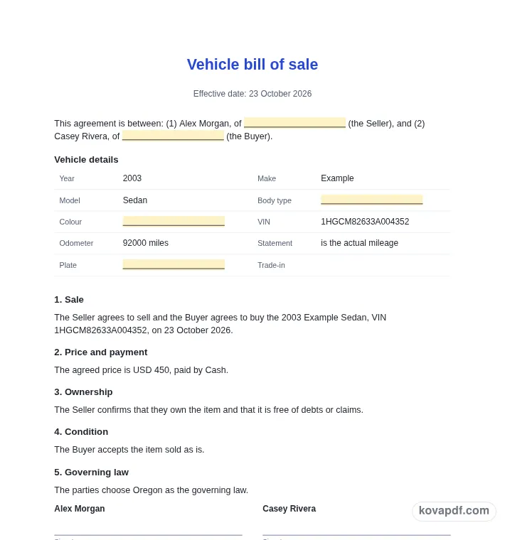 Read the filled document: vehicle bill of sale generator with sample details