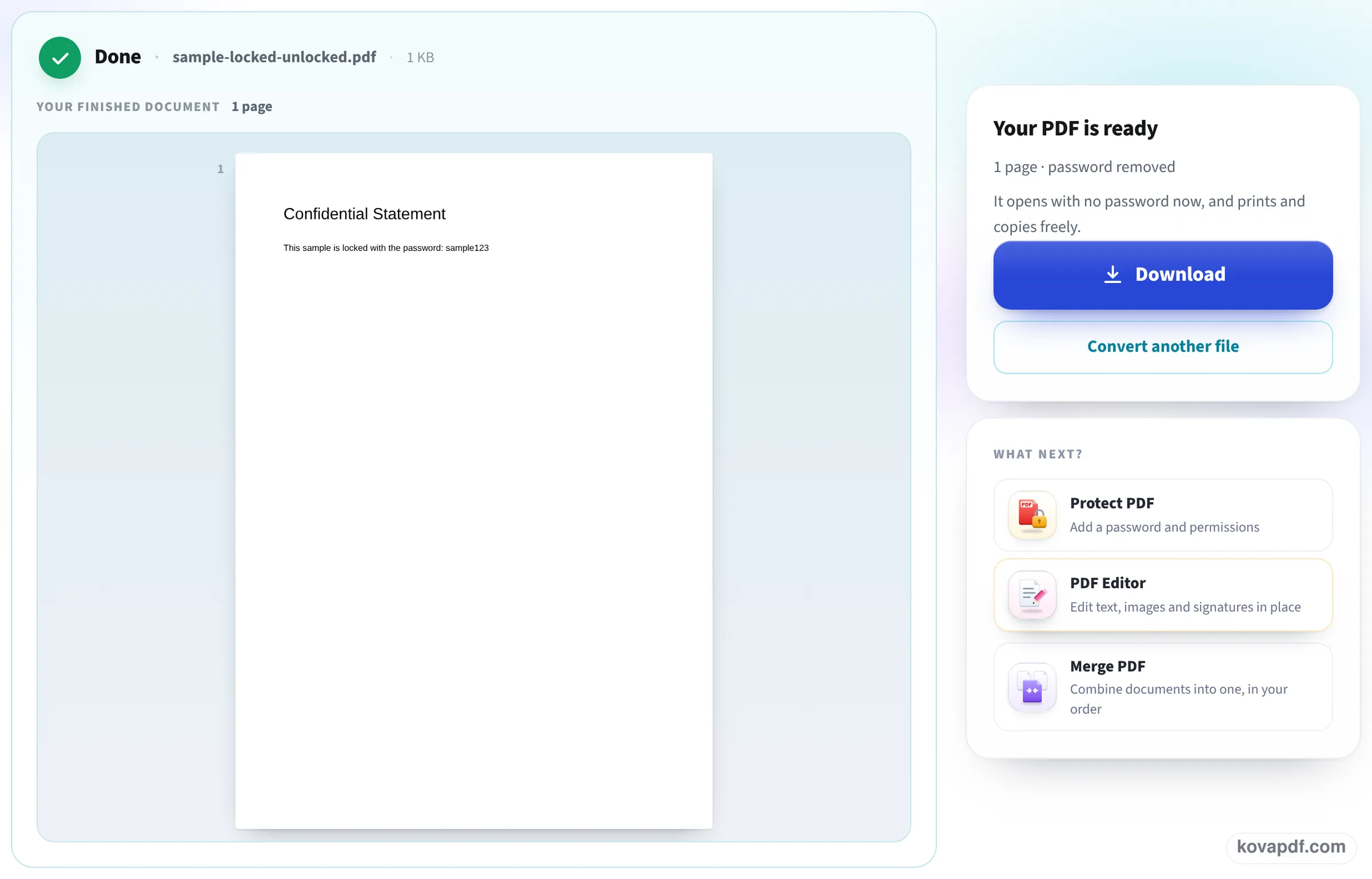 Result screen saying the password was removed, with a Download button