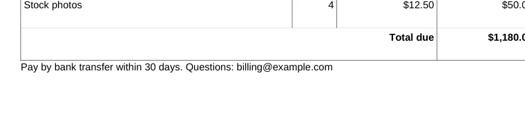 The bottom of the invoice with a payment line and an email address