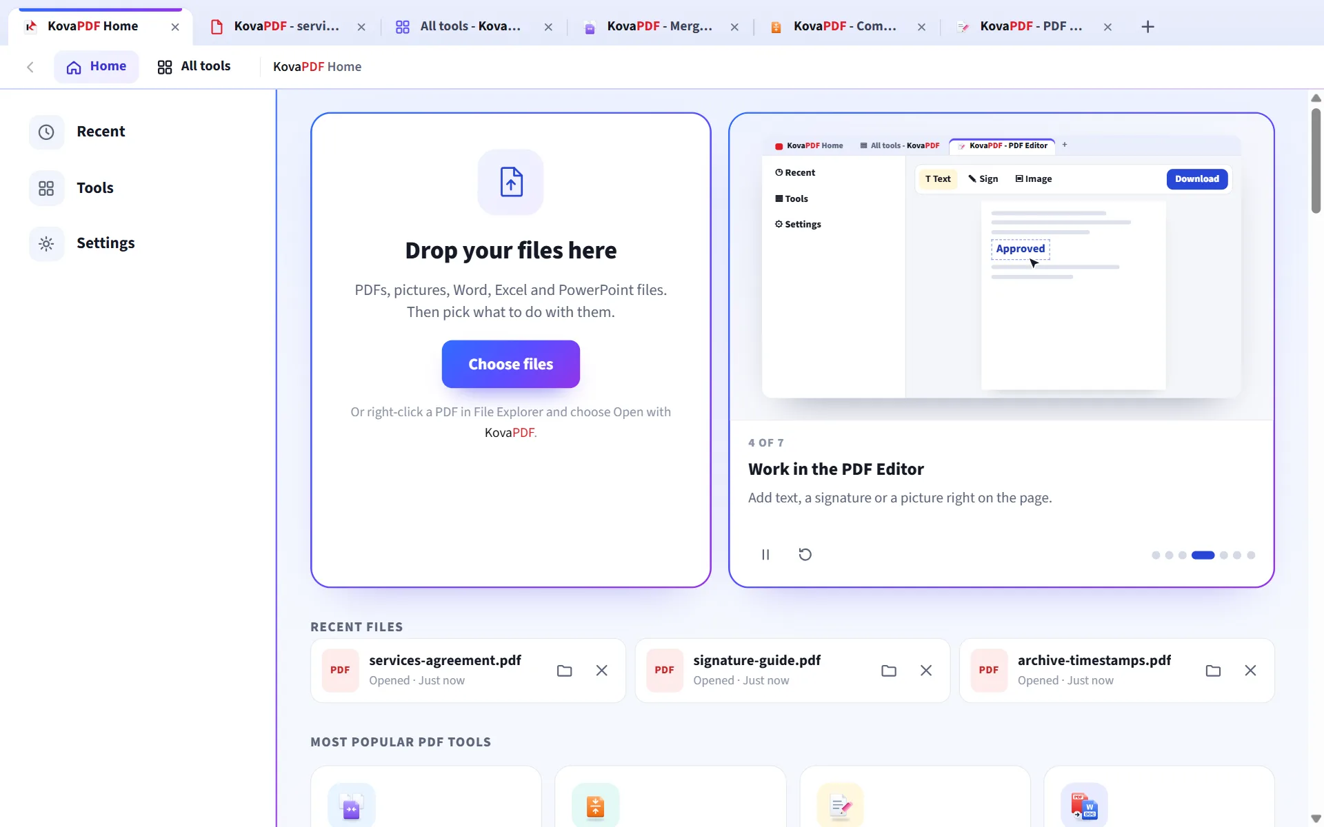 The KovaPDF desktop app with tabs, a place to drop files and a short guide