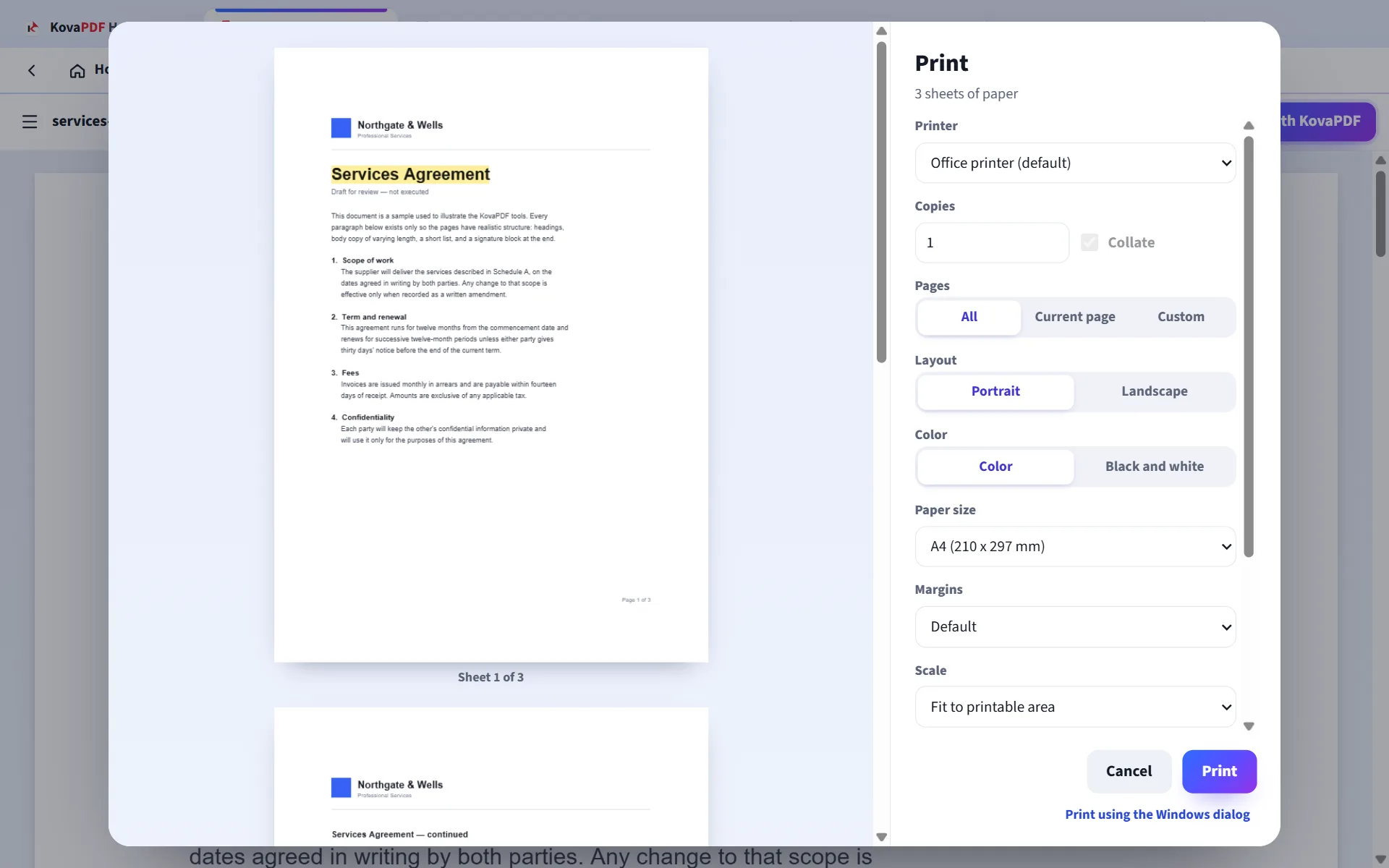 The print window with a preview of every sheet
