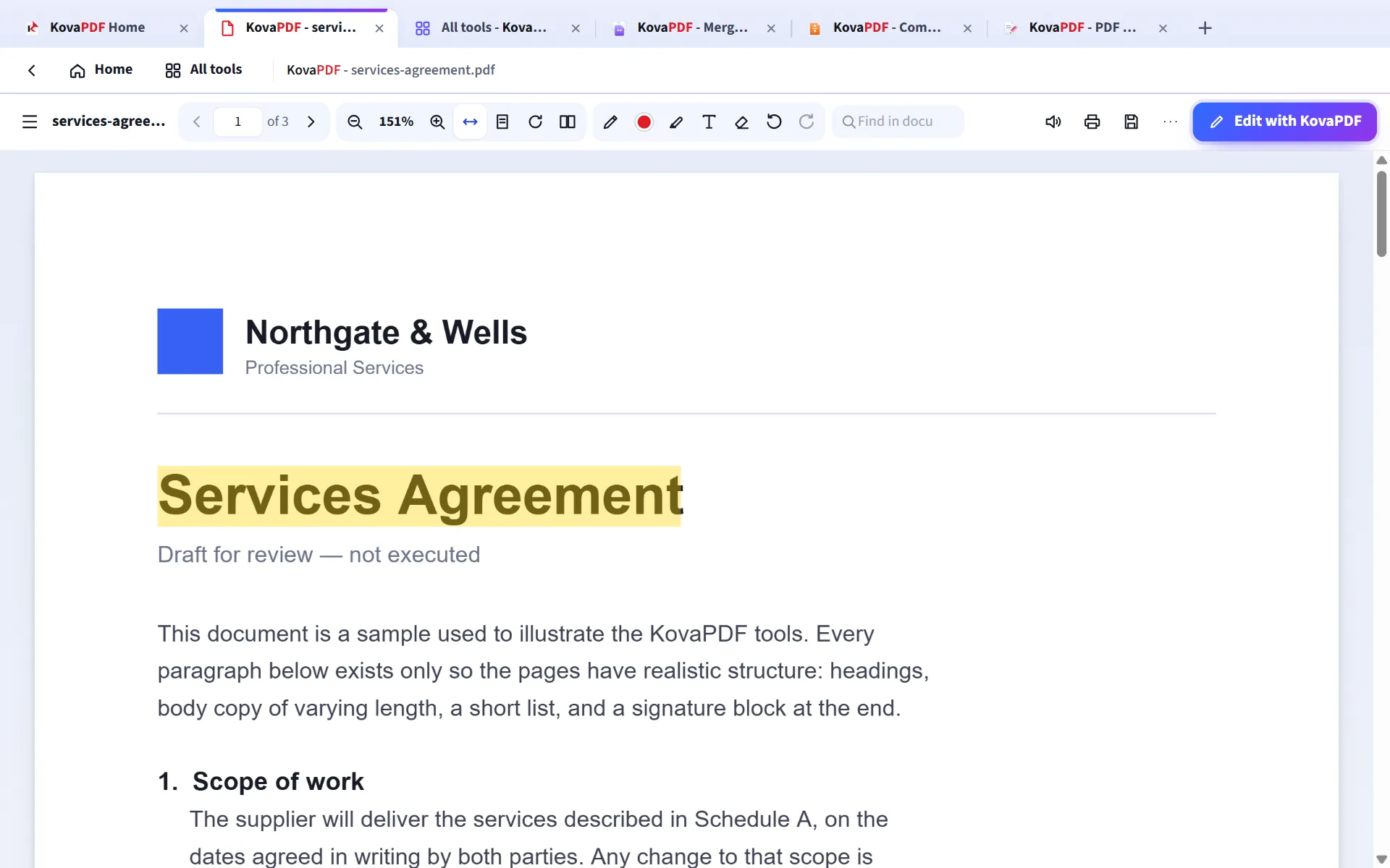 The KovaPDF reader with a sample agreement open and its title highlighted