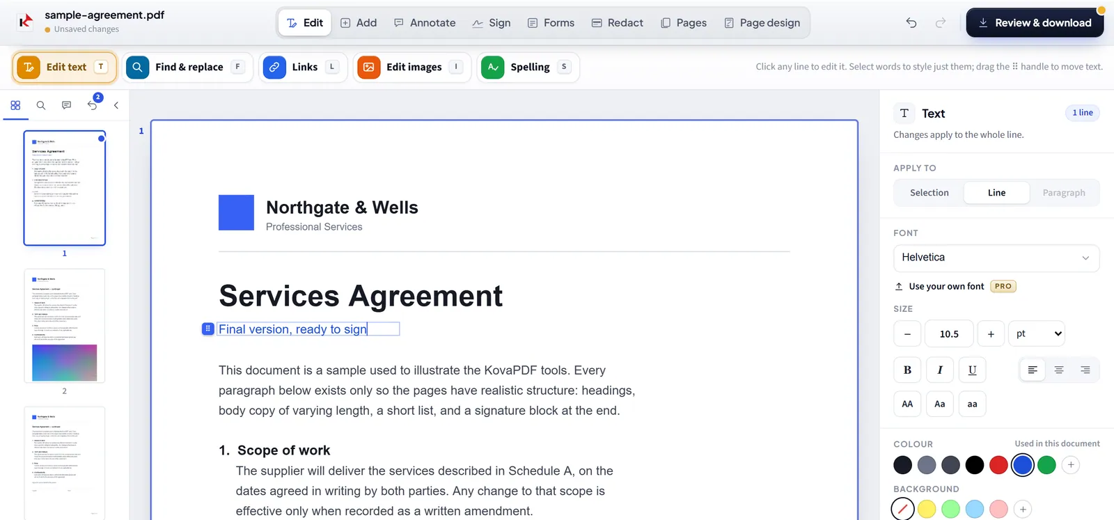 The KovaPDF editor with a line of a contract being retyped