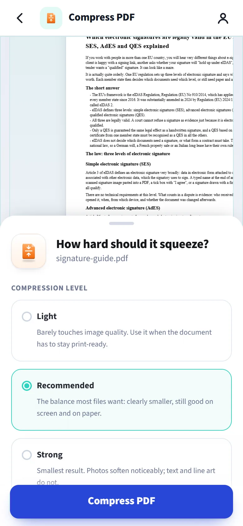 Compress PDF in the app, choosing how hard to squeeze