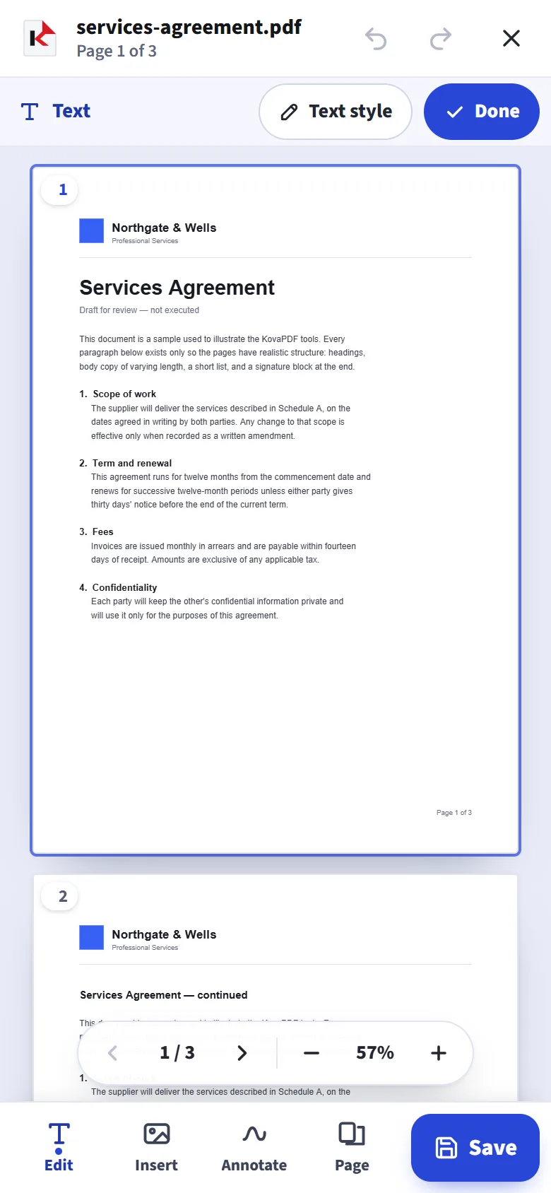The PDF editor in the app with a sample agreement open