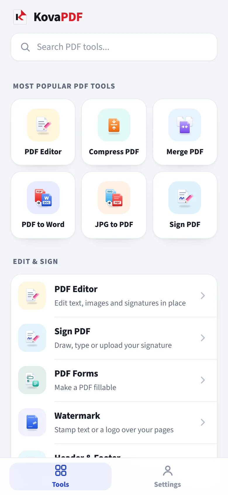 The KovaPDF app on a phone: popular tools and every tool by group
