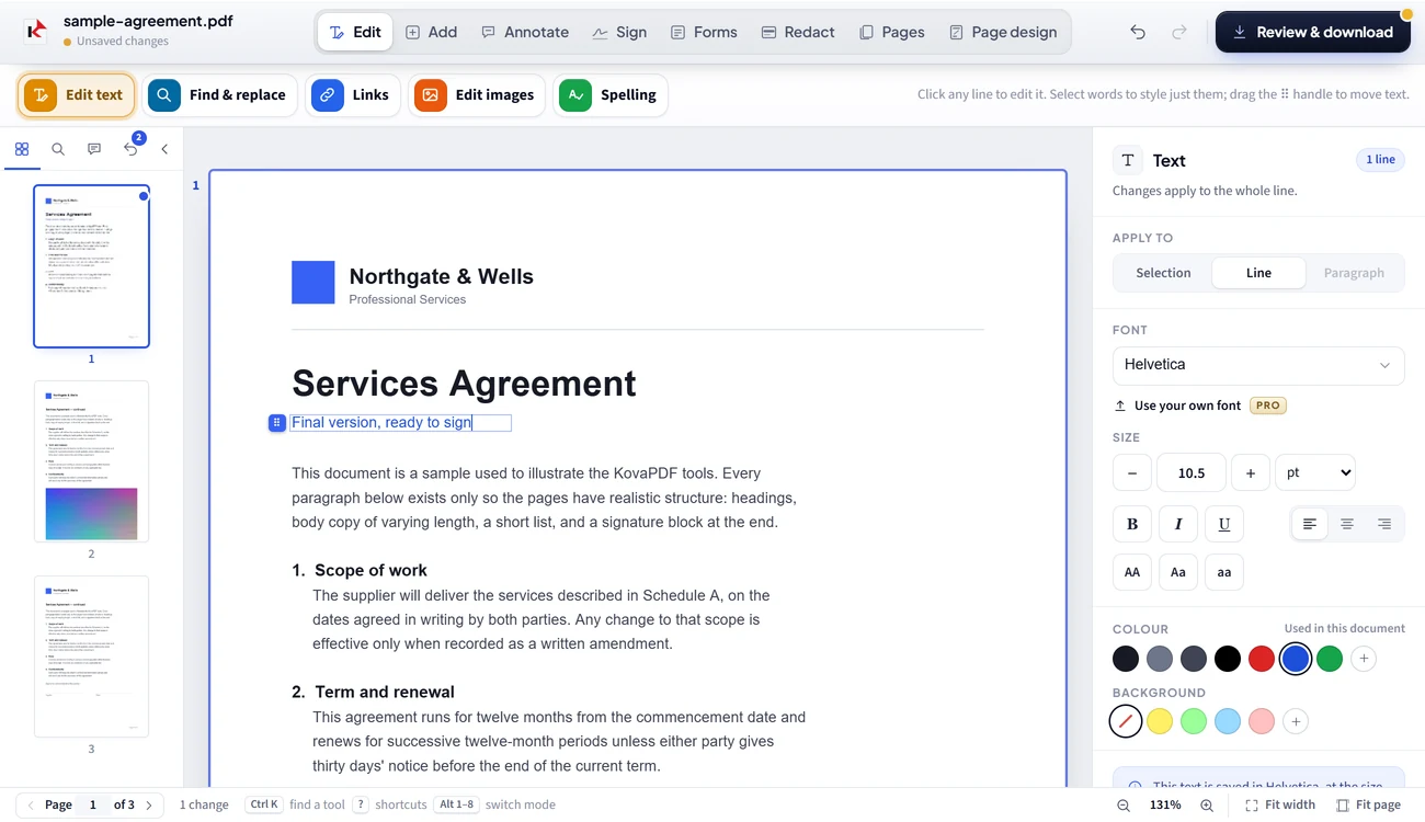 The KovaPDF editor changing the text of a services agreement