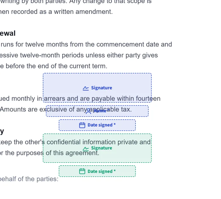 Signature and date fields placed for two signers